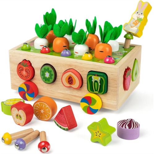 Coogam Montessori Fine Motor Toys for Baby Toddler, Wooden Shape Sorter Carrot Harvest Game, Preschool Learning Educational Gift Toy for 3 4 5 Year Old