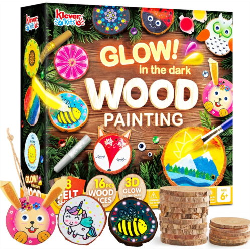 Klever Kits 16 pcs Wooden Painting Kit-Glow in The Dark- Arts and Crafts for Kids Ages 6-12 Art Supplies with Felt Sheets, Boys Girls Birthday Party Gift