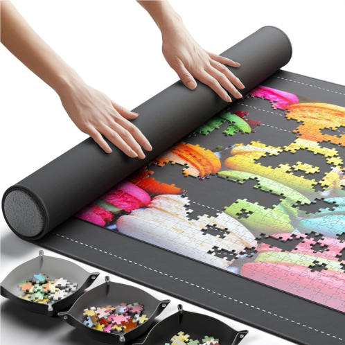 Newverest Jigsaw Puzzle Mat Roll Up, Saver Pad 46” x 26” Portable Keeper Up to 1500 pieces with Non-Slip Rubber Bottom and Smooth Polyester Top + 3 Puzzle Sorting Trays and Travel-