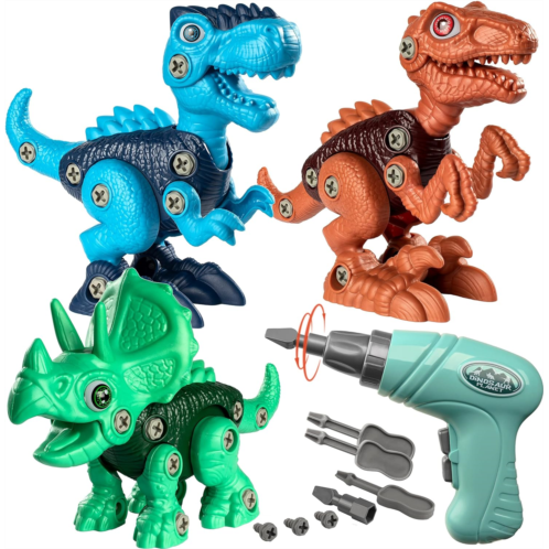 Coogam Take Apart Dinosaur Construction Toys 3 Pack, Fine Motor Skill Building Dinosaur Set STEM Educational Gift Game with Drill-Tyrannosaurus, Triceratops, Velociraptor for 3 4 5