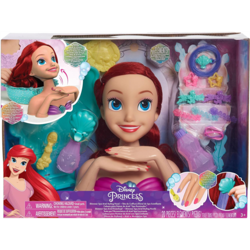 DISNEY PRINCESS Just Play Shimmer Spa Ariel 8-inch Styling Head, 20-Pieces, Red Hair, Pretend Play, Officially Licensed Kids Toys for Ages 3 Up