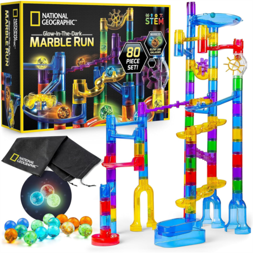 NATIONAL GEOGRAPHIC Glowing Marble Run - Construction Set with 15 Glow in the Dark Glass Marbles & Storage Bag, STEM Gifts for Boys and Girls, Building Project Toy (Amazon Exclusiv