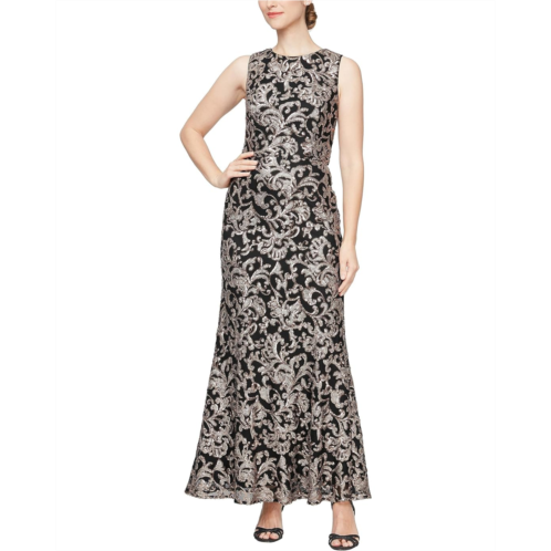 Alex Evenings Long Sequins Embroiderd Dress with Illusion Neckline and Fit and Flare Skirt