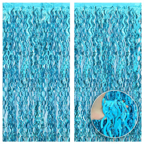 KatchOn, XtraLarge, Wavy Blue Foil Fringe Curtain - 3.2x6.4 Feet, Pack of 2 Blue Water Streamer Backdrop for Beach Party Decorations Under The Sea Party Decorations Summer Decorati