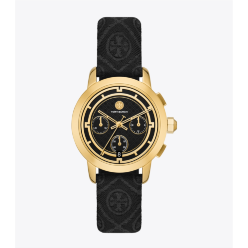 Tory Burch TORY CHRONOGRAPH WATCH, T MONOGRAM JACQUARD/ LEATHER/ GOLD-TONE STAINLESS STEEL