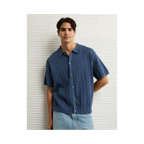 American Eagle AE Weekend Cable Knit Button-Up Sweater Polo Shirt