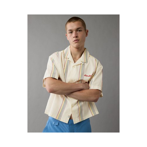 American Eagle AE Pride Poolside Embroidered Striped Button-Up Shirt