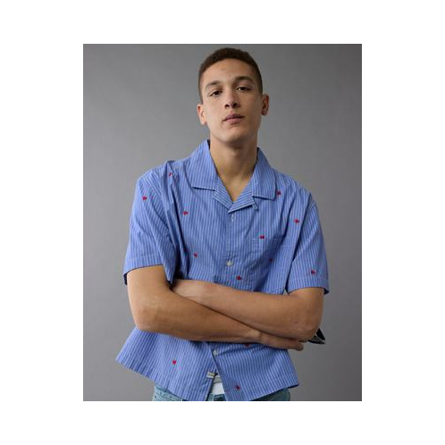 American Eagle AE Pride Poolside Embroidered Striped Button-Up Shirt
