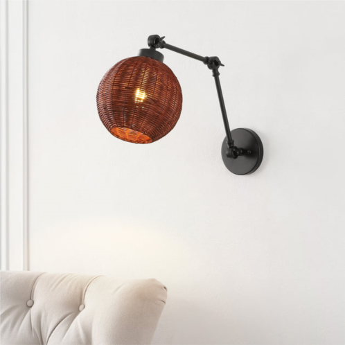 Jonathan Y lyla 22 1-light mid-century vintage rattan globe swing arm led sconce, dark brown/black