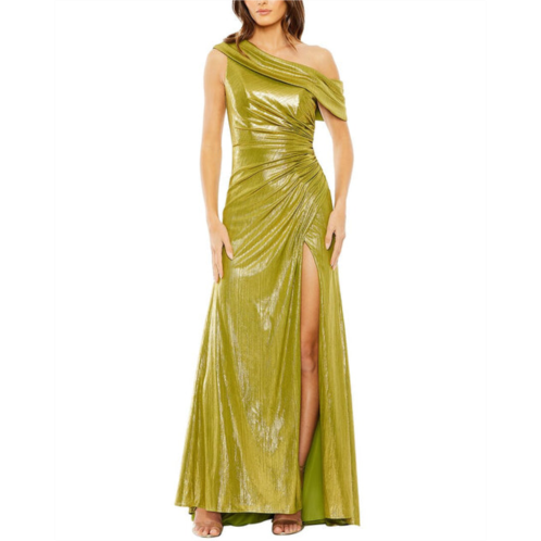 Mac Duggal off-the-shoulder ruched waist slit metallic gown