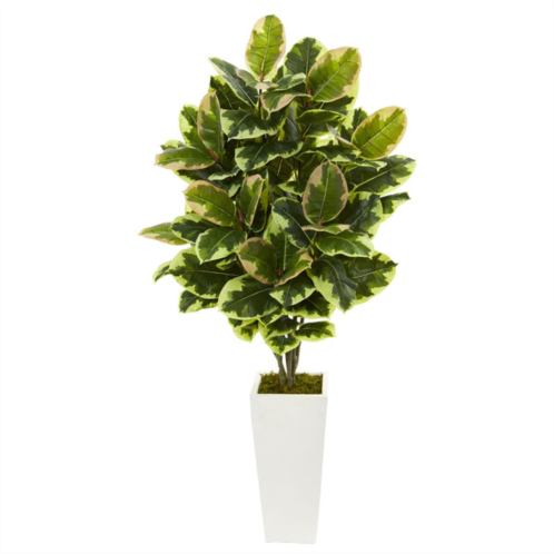 HomPlanti variegated rubber leaf artificial plant in white tower vase