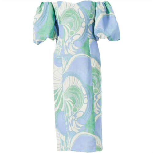 RHODE womens karima linen puff sleeve midi dress, periwinkle deco surf grande