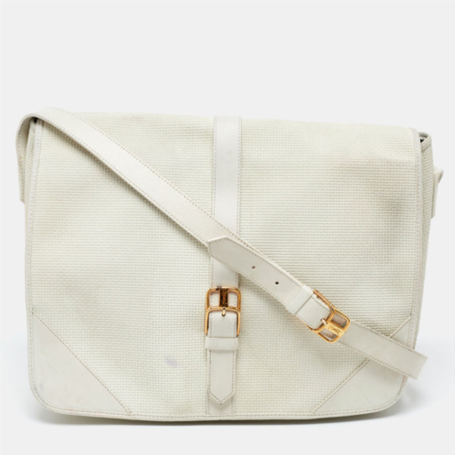 Yves Saint Laurent white woven embossed leather buckle flap messenger bag