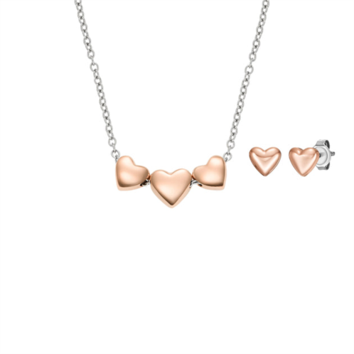 Fossil womens heart two-tone stainless steel necklace and earrings gift set