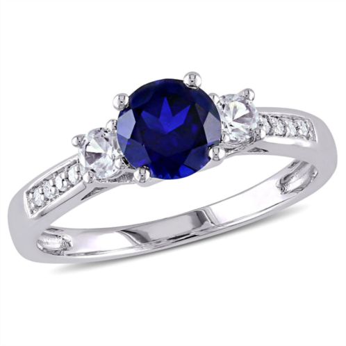 Mimi & Max 1 1/3ct tgw created blue and white sapphire diamond accent 3-stone engagement ring in 10k white gold