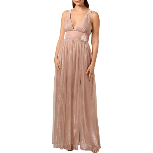 Liv Foster womens metallic plunging neckline evening dress