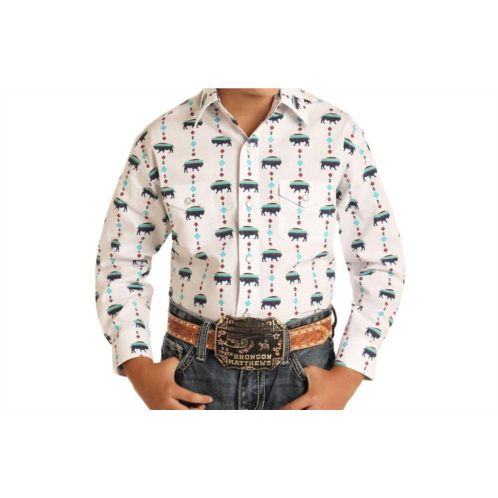 Panhandle boys long sleeve buffalo print western snap shirt in white