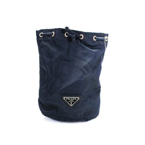 Prada womens nylon silver tone hardware drawstring pouch bag navy blue handbag