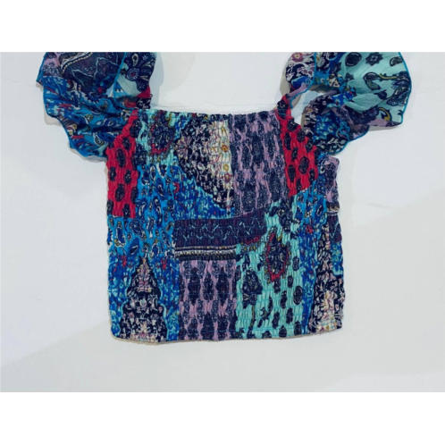 Flowers by zoe patchwork ruffle sleeve chiffon top in blue