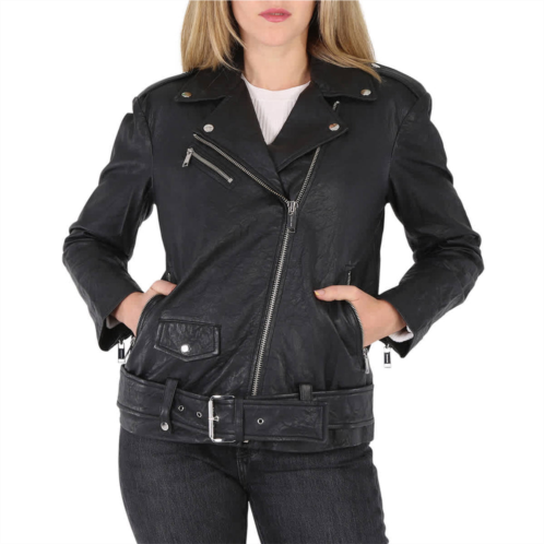 Michael Kors ladies crinkled leather moto jacket in black