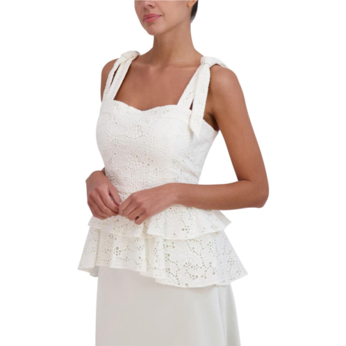 BCBGMAXAZRIA womens embroidered eyelet peplum top