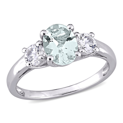 Mimi & Max oval cut aquamarine and created white sapphire 3-stone ring in sterling silver