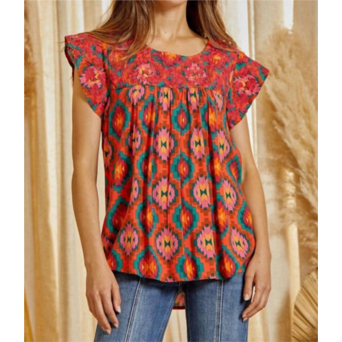 Savanna Jane aztec embroidered flutter sleeve top in multi color