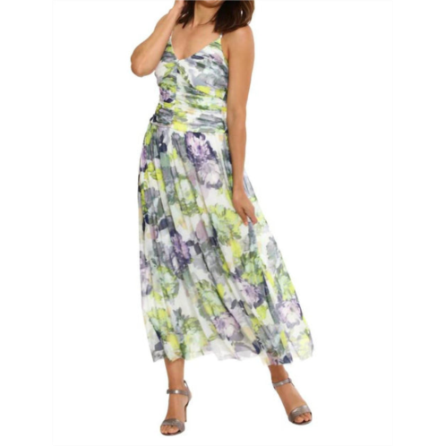 LONDON TIMES v-neck ruched maxi dress in white/yellow