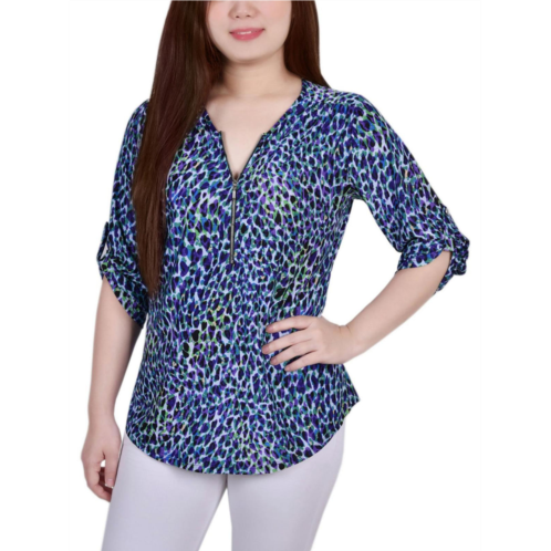 NY Collection womens animal print stretch button-down top