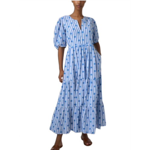 Oliphant puff sleeve maxi dress in blue and white