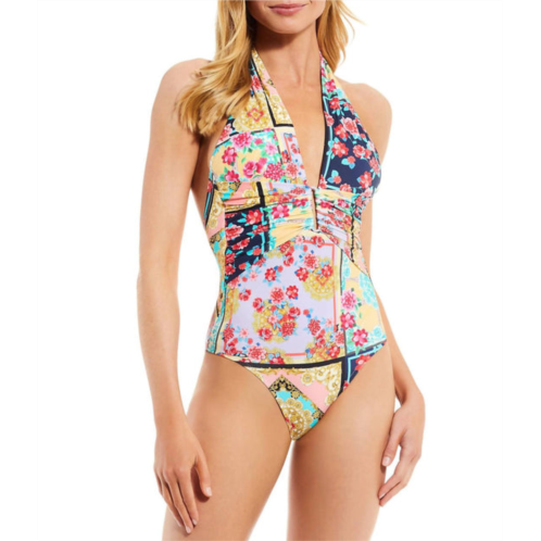 Johnny Was japer halter plunge neckline one piece swimsuit in multi-color