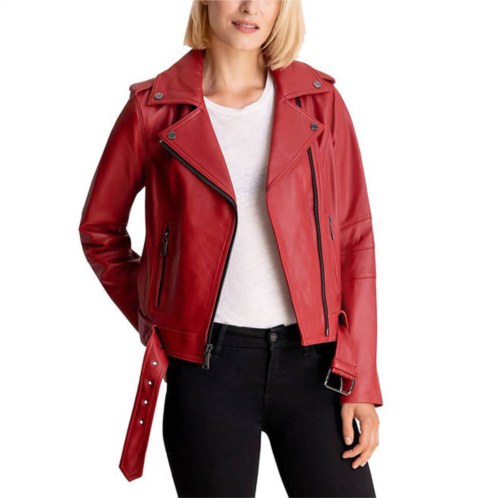 MICHAEL KORS moto belted zip up leather jacket in scarlet