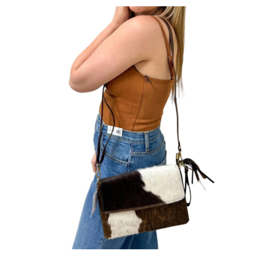 BS Trading genuine leather cowhide square crossbody bag in brown & white