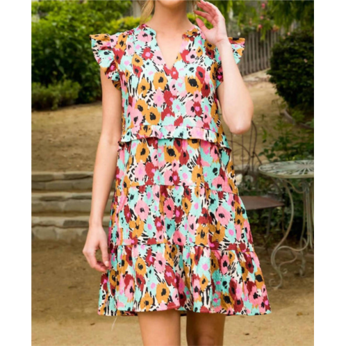 THML floral flutter sleeve dress in pink multi