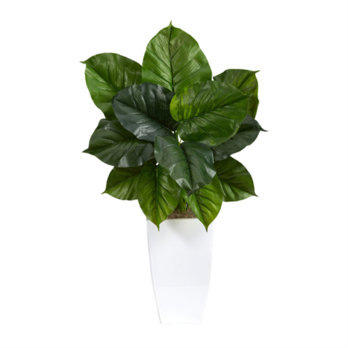 HomPlanti large philodendron leaf artificial plant in white metal planter 34