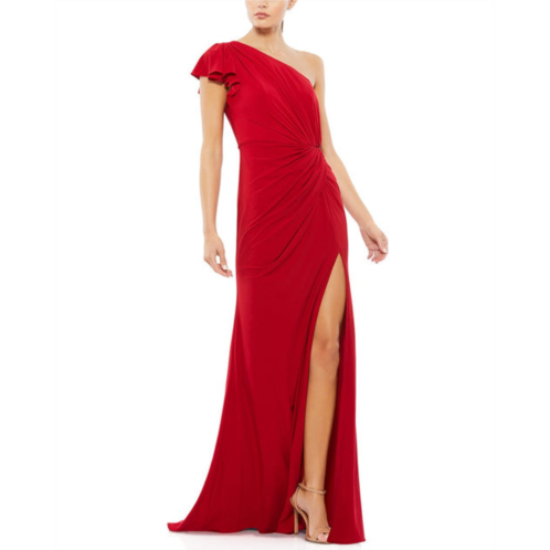 Mac Duggal jersey one-shoulder flutter sleeve draped gown