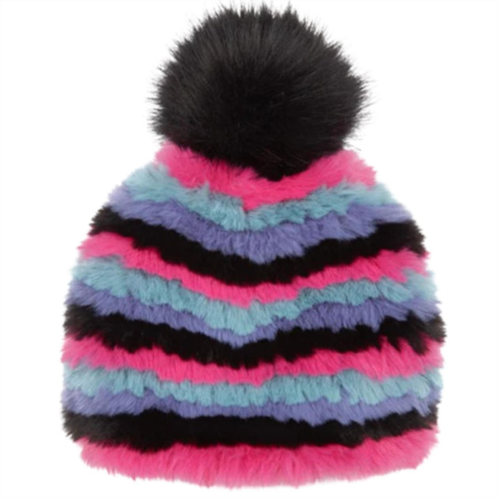 Jocelyn womens snow striped faux fur fully knitted hat in pink multi