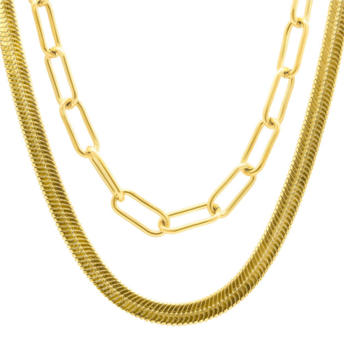 Adornia tarnish resistant 14k gold plated set of herringbone and paper clip necklaces