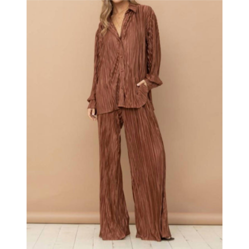 Blue B accordion pleated pant set in brown