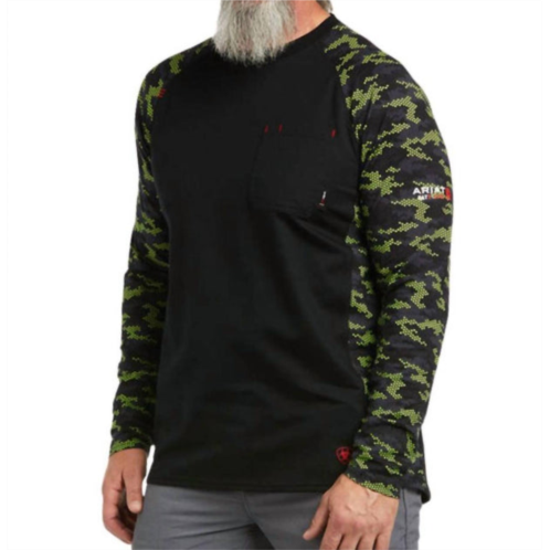 ARIAT stretch camo baseball t-shirt - plus in black lime camo