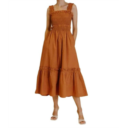 Aureum smocked midi dress in terracotta