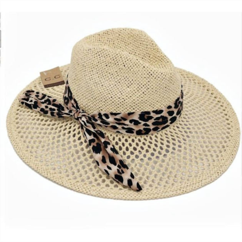 C.C BEANIE womens panama sun leopard trim hat in beige