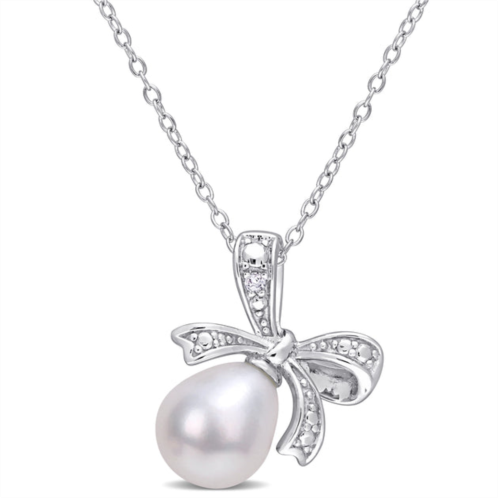 Mimi & Max 8.5-9mm cultured freshwater pearl and diamond accent bow necklace in sterling silver