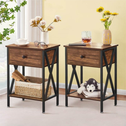 QuikFurn set of 2 - rustic 1 drawer nightstand in brown and black wood finish