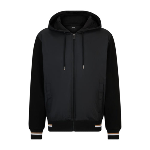 BOSS mixed-material zip-up hoodie with signature-stripe trims