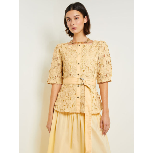 Misook belted button front blouse - floral applique woven