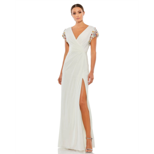 Mac Duggal embellished sleeve jersey wrap gown