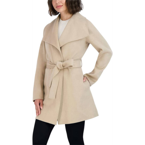 T Tahari womens ella jacket wool wrap coat with tie belt in light beige ivory