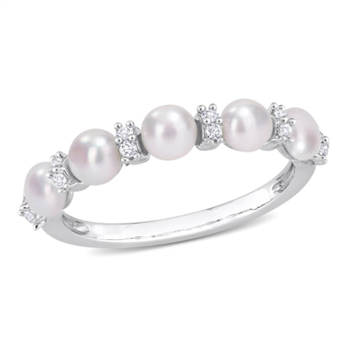 Mimi & Max 3.5-4mm cultured freshwater pearl and 1/8ct tgw white topaz semi eternity ring in sterling silver