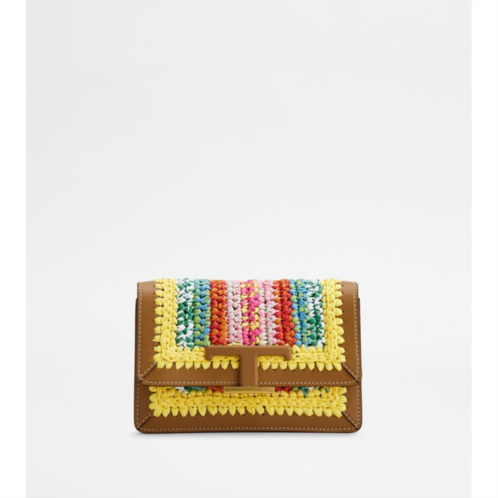 TOD t timeless belt bag in leather and raffia micro with metal shoulder strap